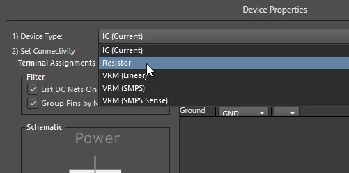 Altium PDN Analyzer Device Properties -> Device Type -> Resistor