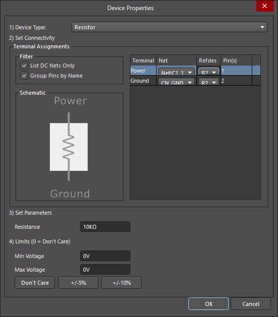 Altium PDN Analyzer Device Properties setting resistance parameters and reference designators
