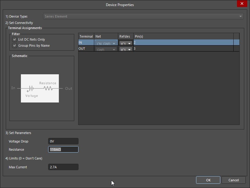 Altium PDN Analyzer Device Properties window setting the voltage drop and resistance parameters