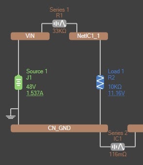 Altium PDN Analyzer Net containing a source, a load, multiple resistances, and multiple nets.