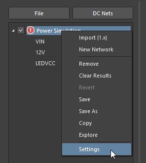 Altium PDN Analyzer right-click Power Simulation -> Settings