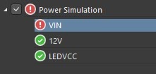 Altium PDN Analyzer Simulation nets has a violation in VIN, shown by a red exclamation mark