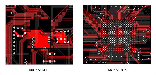 図3. QFPとBGAの端子周りの引き回しの違い