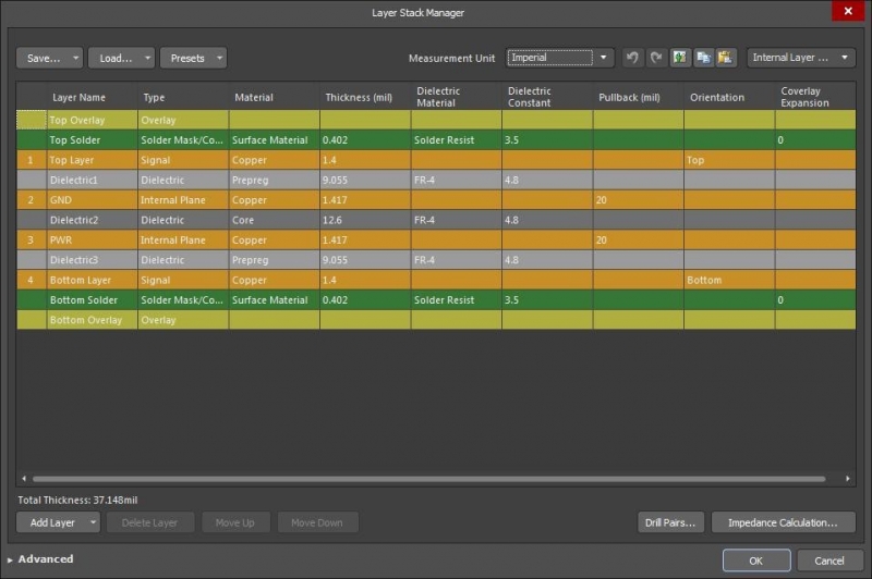 Layer Stack Manager para PCB multicapa en Altium Designer