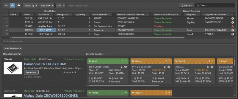 Vista del sistema di ricerca e compilazione della distinta base in Altium Designer