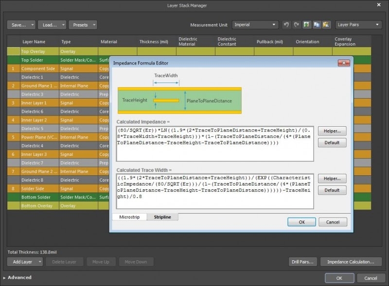 El gestor de apilado de capas de Altium Designer le ayuda en el cálculo de la impedancia