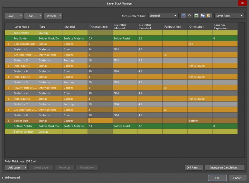 AD18の、PCB設計のレイヤースタックアップにおけるレイヤー構成マネージャーのスクリーンショット