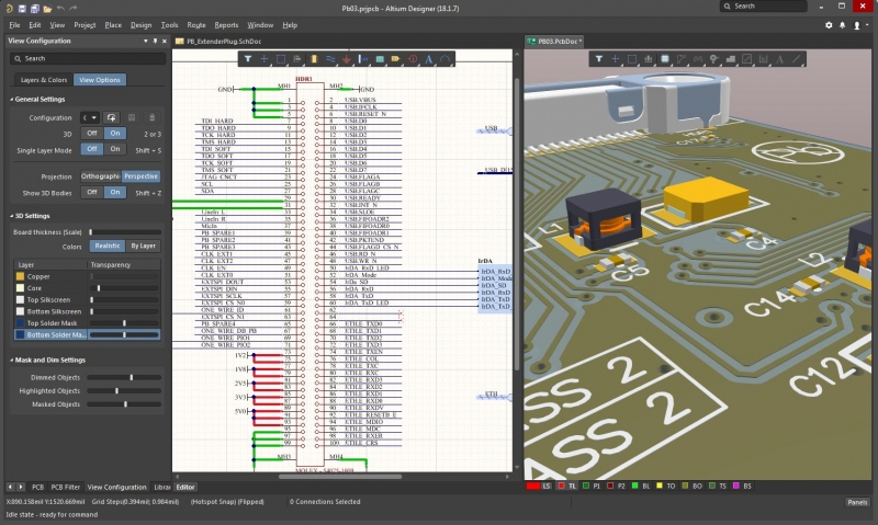  スクリーンショット: PCB製造図の回路図と3Dレイアウト