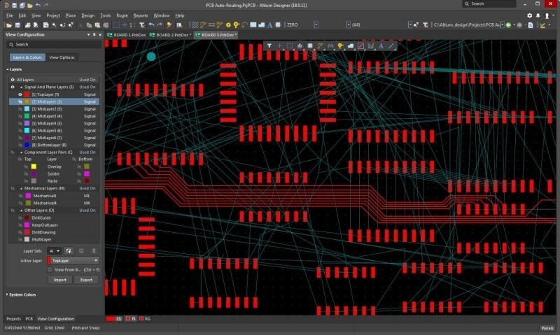 Effektives PCB-Software-Layout: Screenshot einer aktiven Routing Session mit Altium Designer.