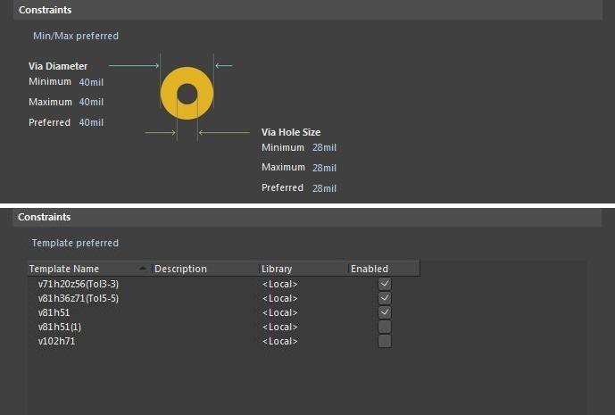 Altium Designerのスクリーンショット: ブラインドビアとベリードビアのビアルールの制約