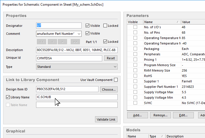 Dialogfenster "Properties for Schematic Component in Sheet"