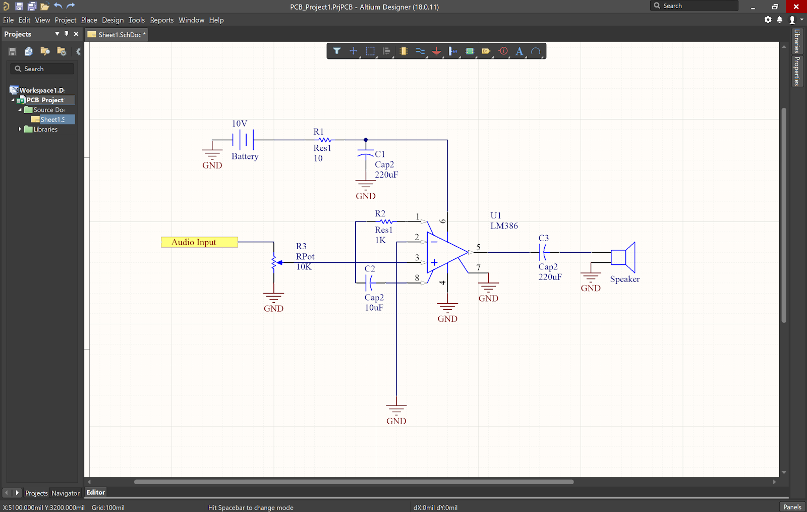 Schaltkreis eines vollständigen, einfachen Audioverstärkers in Altium Designer