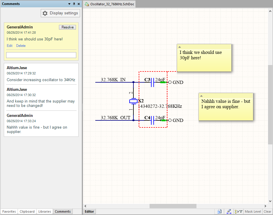 Software screenshot of commenting on design elements