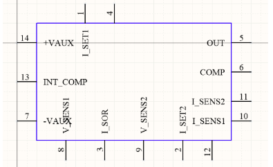 Lo stesso simbolo in Altium Designer con i nomi dei pin in basso e in alto ruotati nuovamente alle rotazioni di 0°.