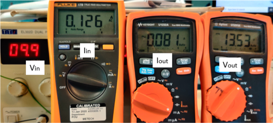 Voltage & current measurements of boost mode of buck-boost converter.