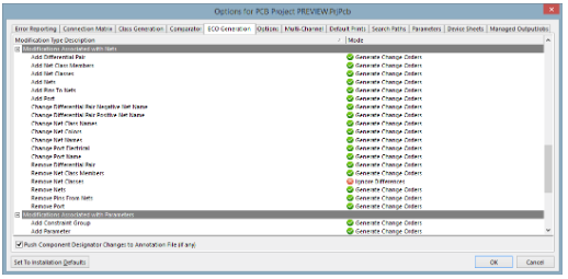 Configurar opciones de modificación del proyecto para ECO en Altium Designer