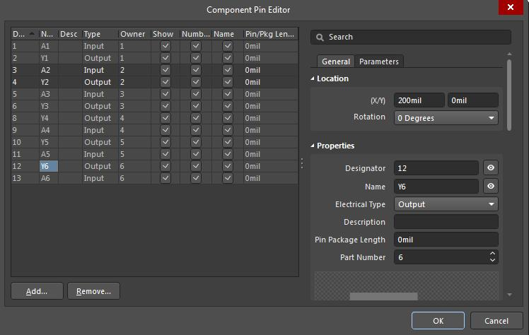  Altium Designerのコンポーネントピン エディターのスクリーンショット