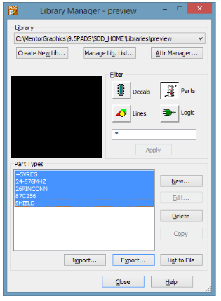 Selezione dei tipi di parti in PADS Logic Library Manager