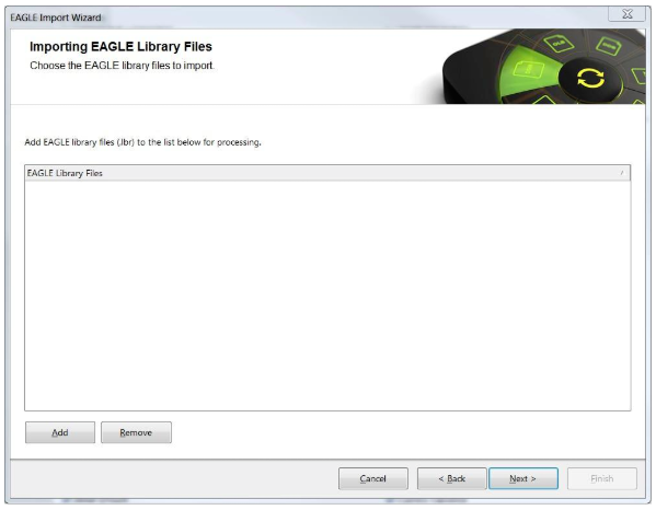 Haga clic en «Next» (siguiente) para saltarse la opción de añadir archivos de diseño de Eagle. Puede traducir archivos de diseño a la vez que los archivos de bibliotecas