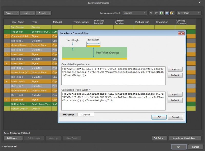 Capture d'écran de l'éditeur de formules d'impédance d'Altium Designer