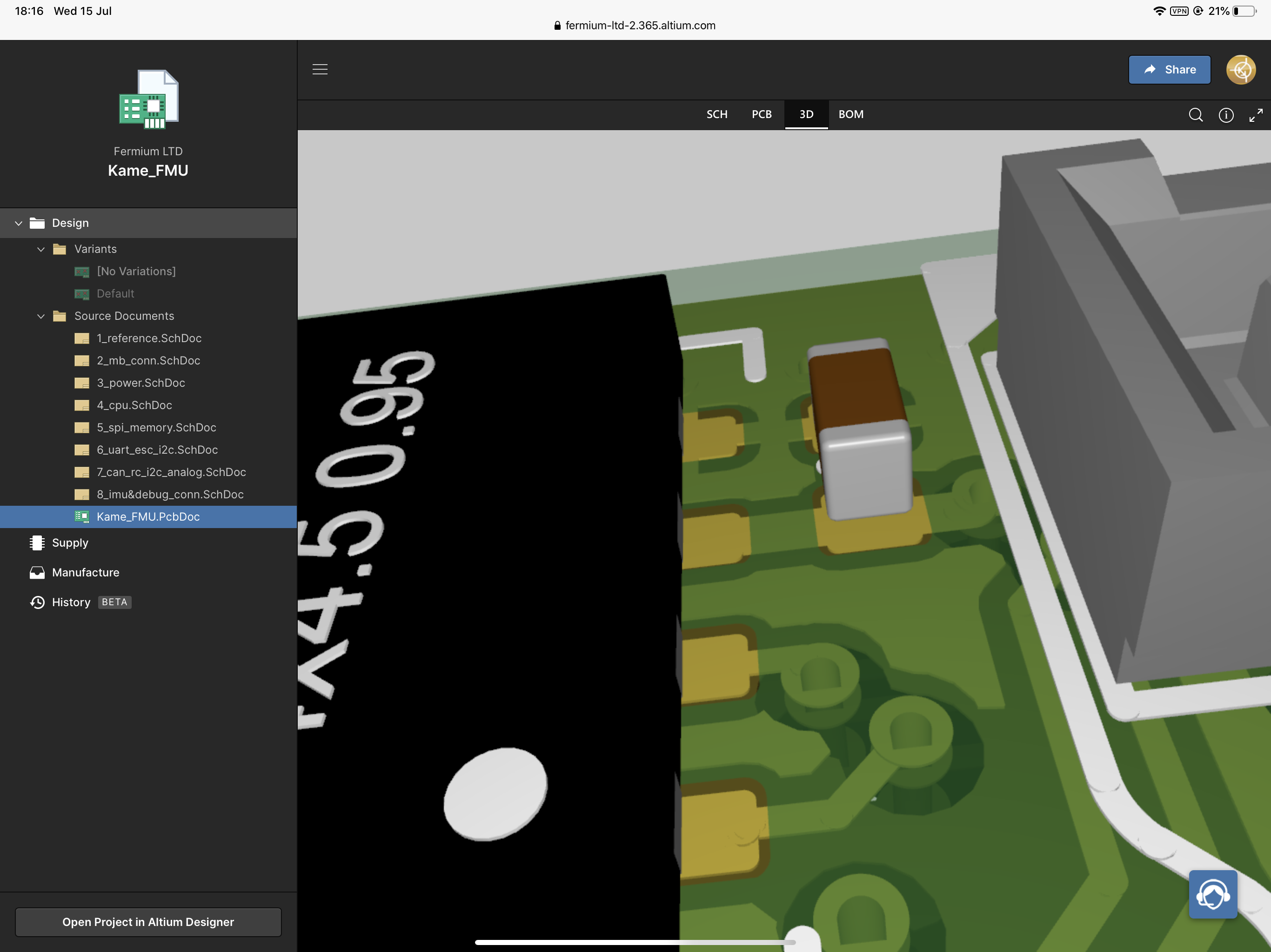 Concord Pro on Altium 365 3D viewer punched-in on a capacitor