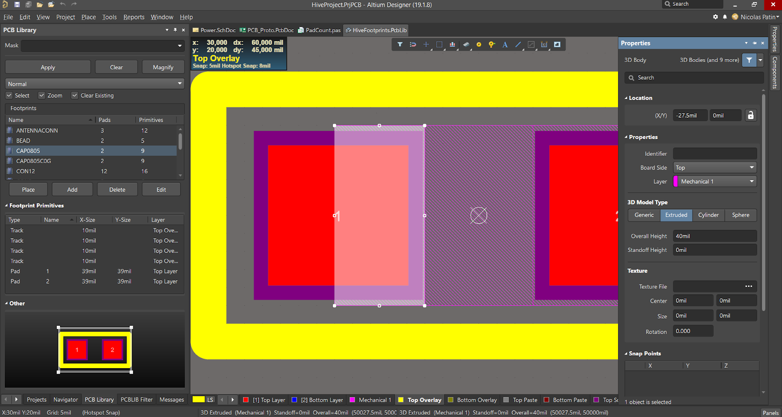 Figure 3. Intégration mécanique dans les PCB : Modélisation 3D d’un condensateur céramique (MLCC) monté en surface (3 primitives de type « Extruded » – juxtaposés)    