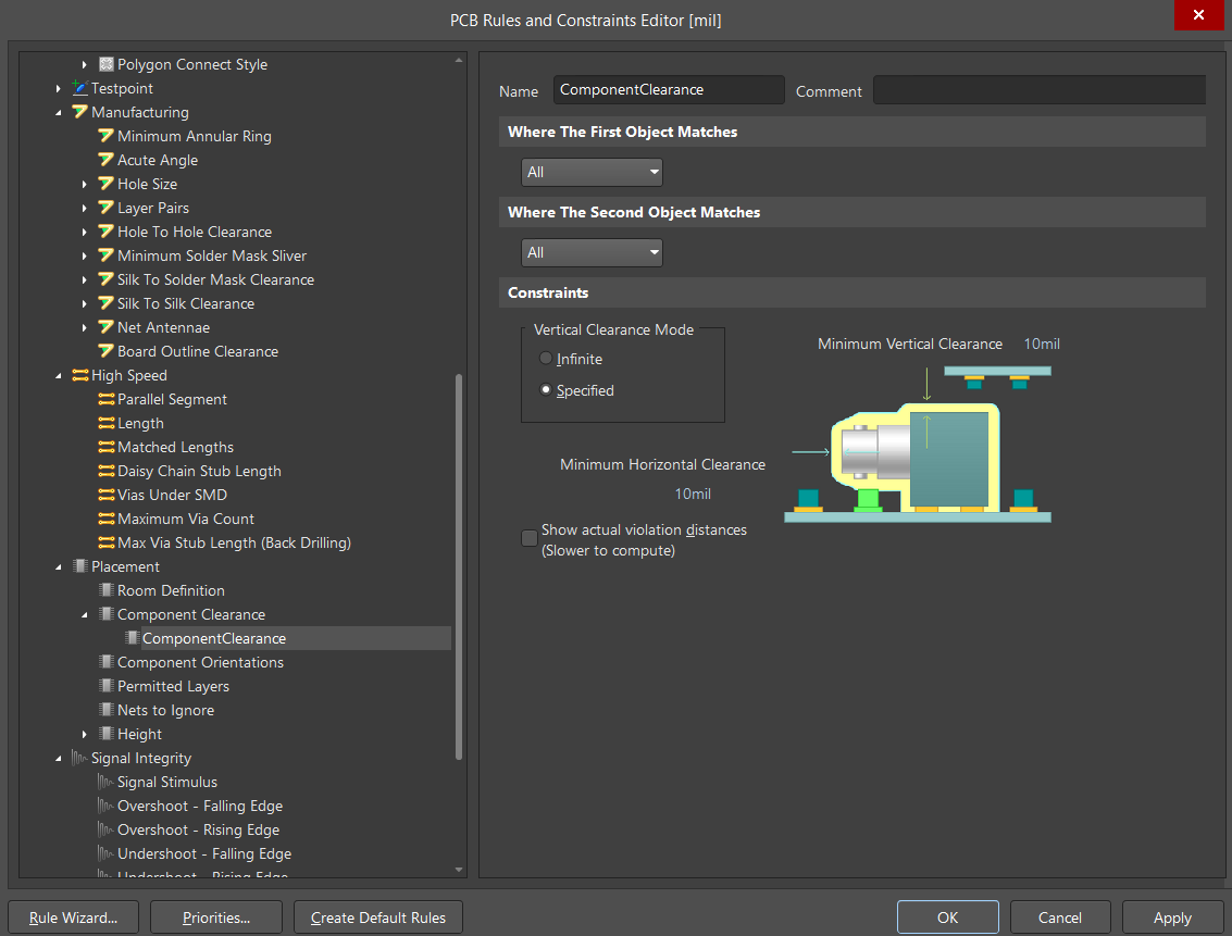 Règles de hauteur maximale (a) et de « collision 3D » entre composants (b)