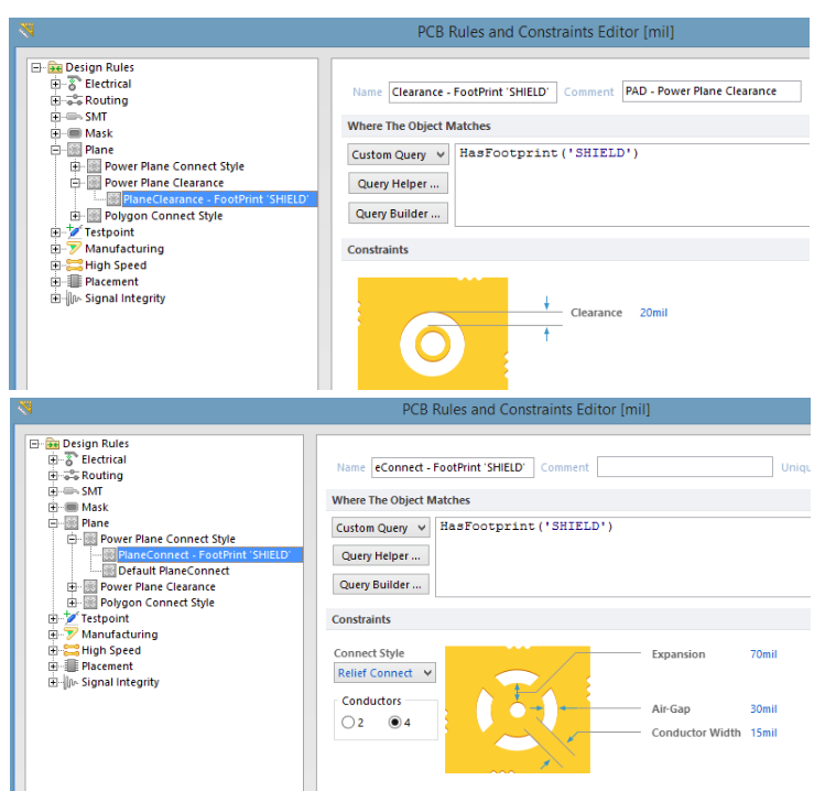 Configurar las reglas de diseño para distancias y térmicos de planos en Altium Designer