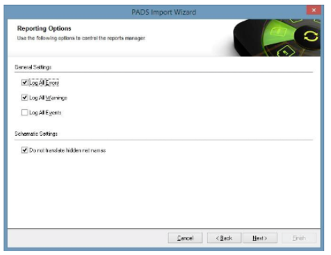 Configuration des options de rapport dans l'assistant d'importation PADS