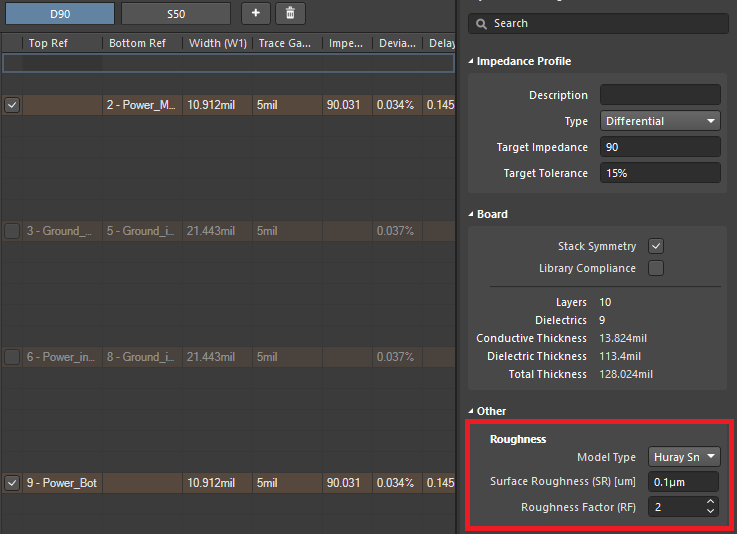 Modeling copper foil surface roughness and a roughness factor in Altium Designer