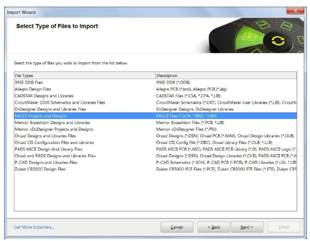 Seleccione el tipo de archivo que desea para importar los archivos de bibliotecas y diseños de Eagle