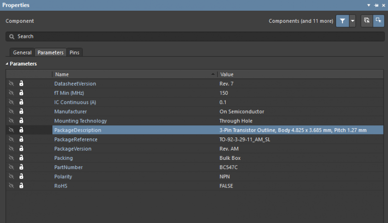 Parameters menu within the Properties Panel