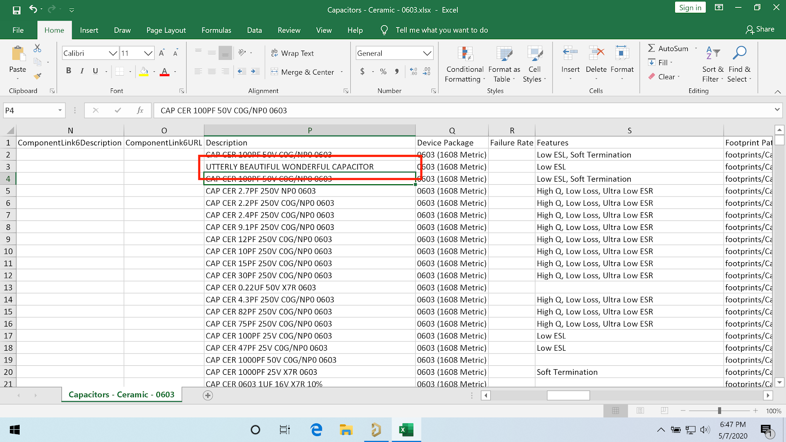 Biblioteca de componentes. El componente se ha editado en Excel