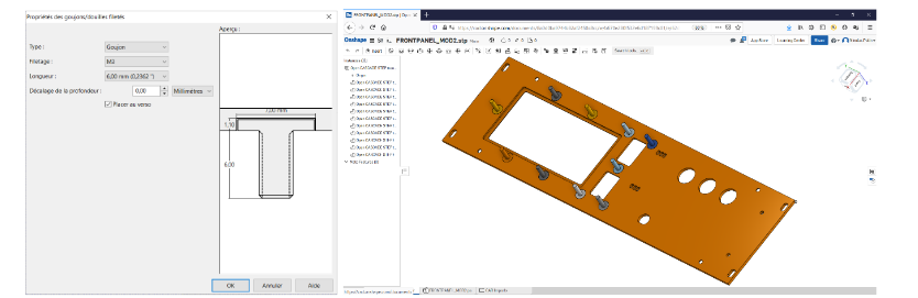 Figure 6. Configuration (à gauche) de goujons avec « Designer de faces avants » et vue 3D d’une face avant équipée