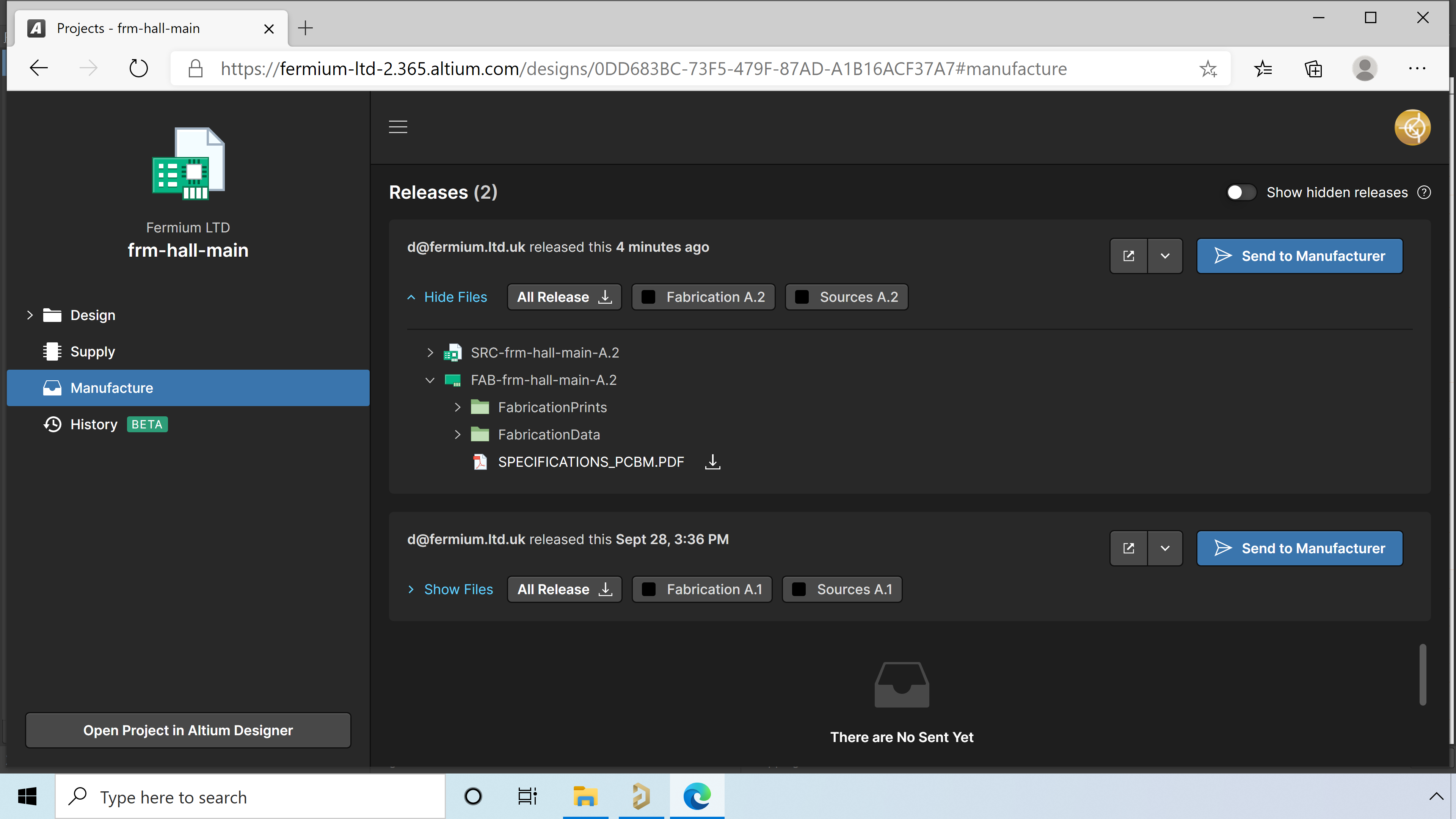 Figure 7. Manufacturing package opened in the web browser