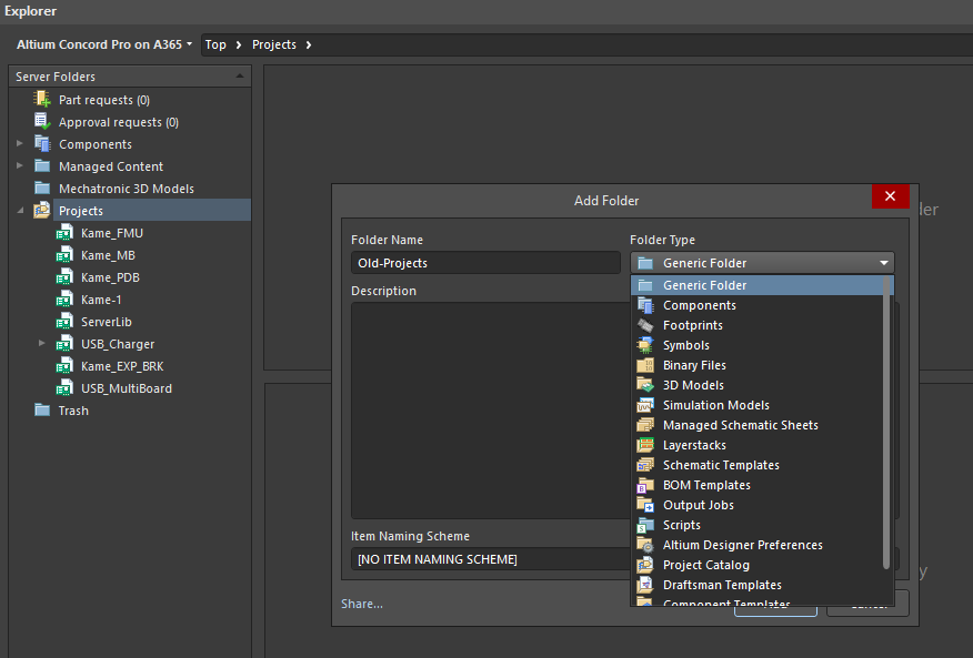 Explorer panel in Altium Designer folder creation