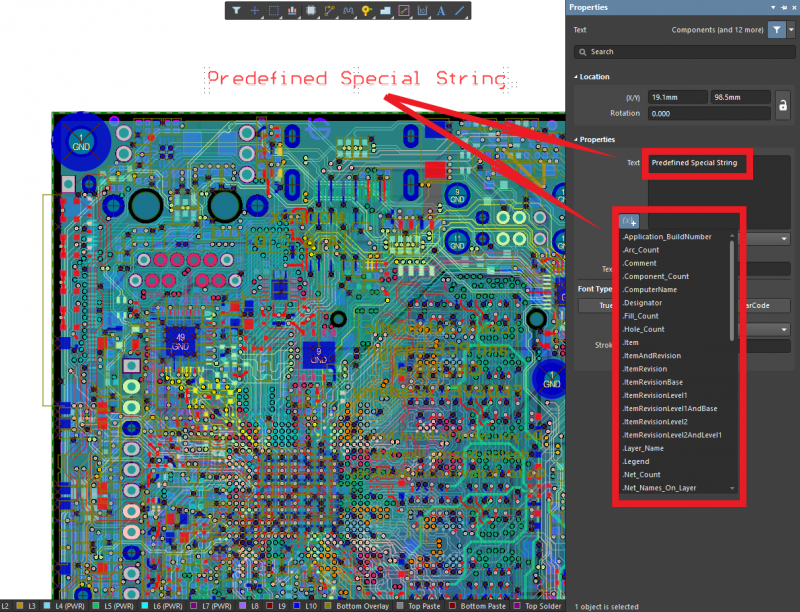 Las cadenas de caracteres especiales para PCB son una práctica común en el panel de propiedades de Altium