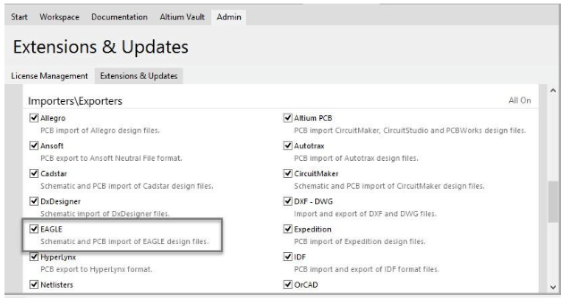 Aktivieren Sie während der Projektmigration den Eagle<sup>®</sup> Importer im Altium Designer Bereich Extensions & Updates