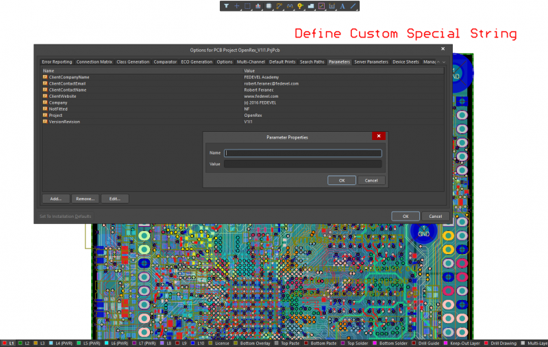 Définir les chaînes spéciales PCB dans le volet Options PCB d'Altium