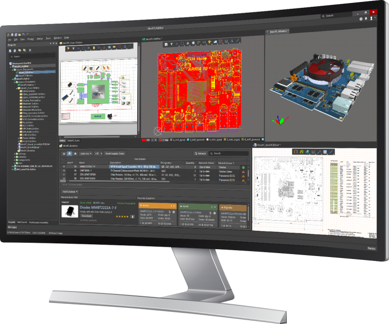 Altium Designer session with circuit board schematic, printed circuit layout, and BOM