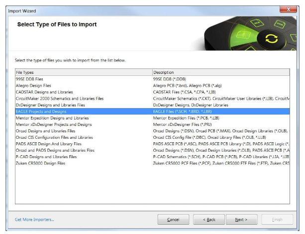 Seleccione «EAGLE Projects and Designs» (proyectos y diseño de Eagle) en la pantalla «Select Types of Files» (seleccionar tipos de archivos). Haga clic en «Next» (siguiente