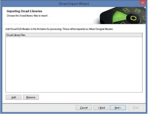 Para añadir bibliotecas OLB de OrCAD y Allegro, haga clic en «Add» para seleccionar el archivo de la biblioteca que desea importar. Haga clic en «Next» para continuar