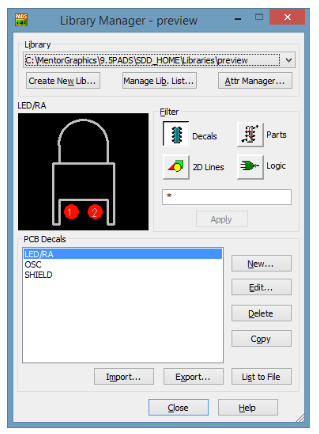 Auswahl der PCB Decals im PADS Logic Library Manager