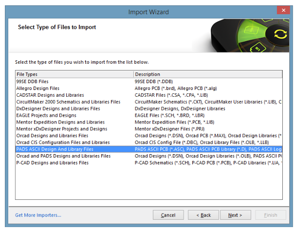 Mentor PADS-Import: Auswahl der Dateitypen des Altium Designer Installationsassistenten