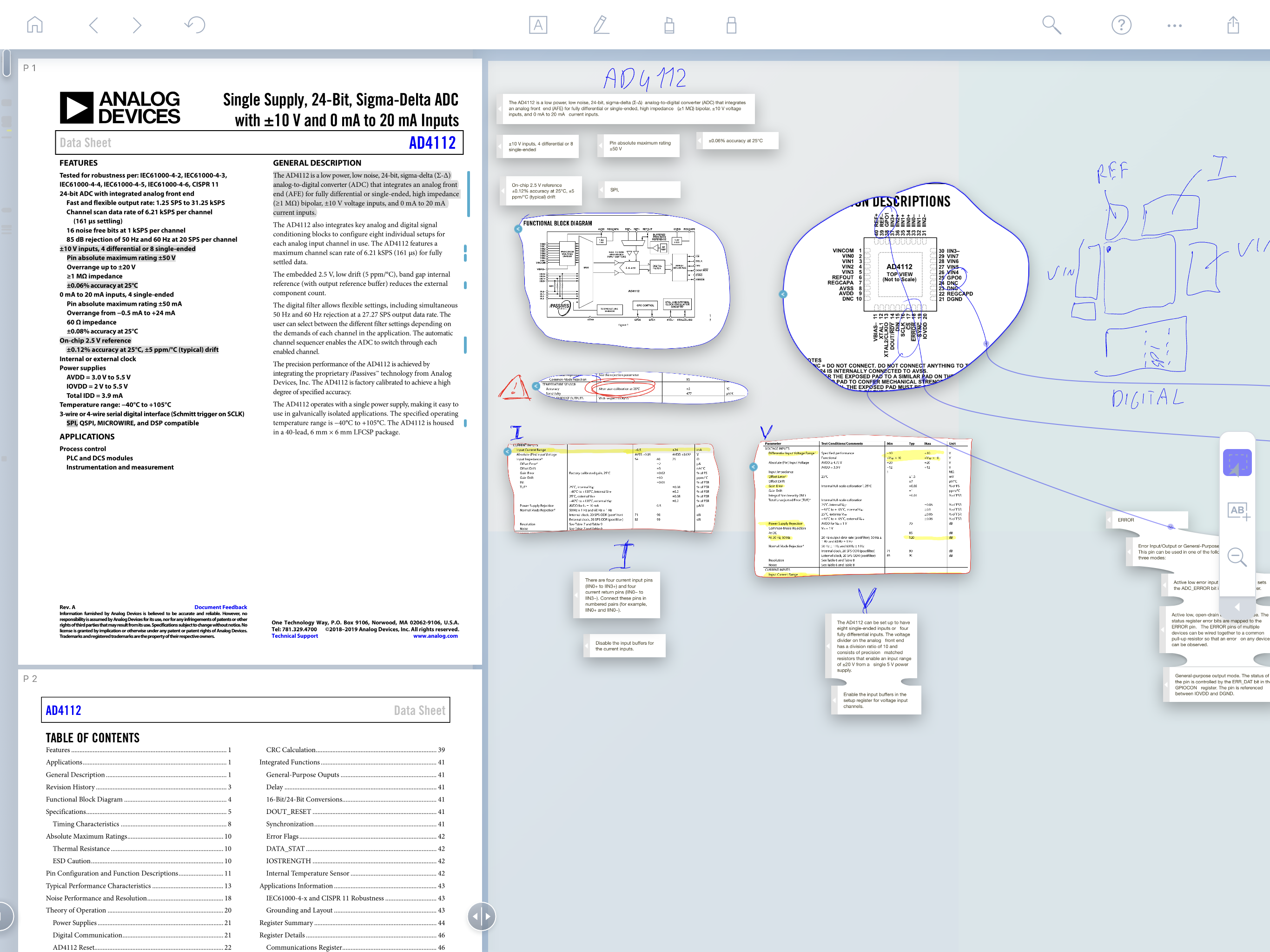 Liquidtext with notes about AD4112 24-bit ADC.