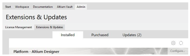 Sección de extensiones y actualizaciones de PCB Eagle en Altium Designer