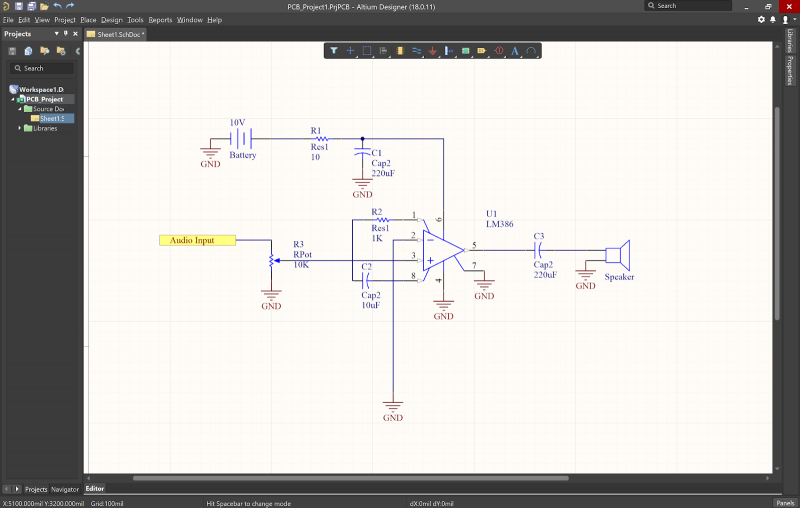 Outil de création de schémas dans Altium Designer, package de PCB design.