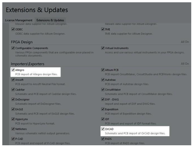 Importieren Sie Allegro-PCBs und OrCAD-Designs im Altium Designer Bereich ‘Extensions & Updates’