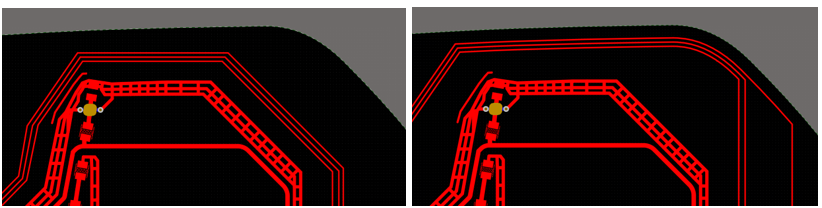 Sliding traces toward the board edge with PCB routing techniques