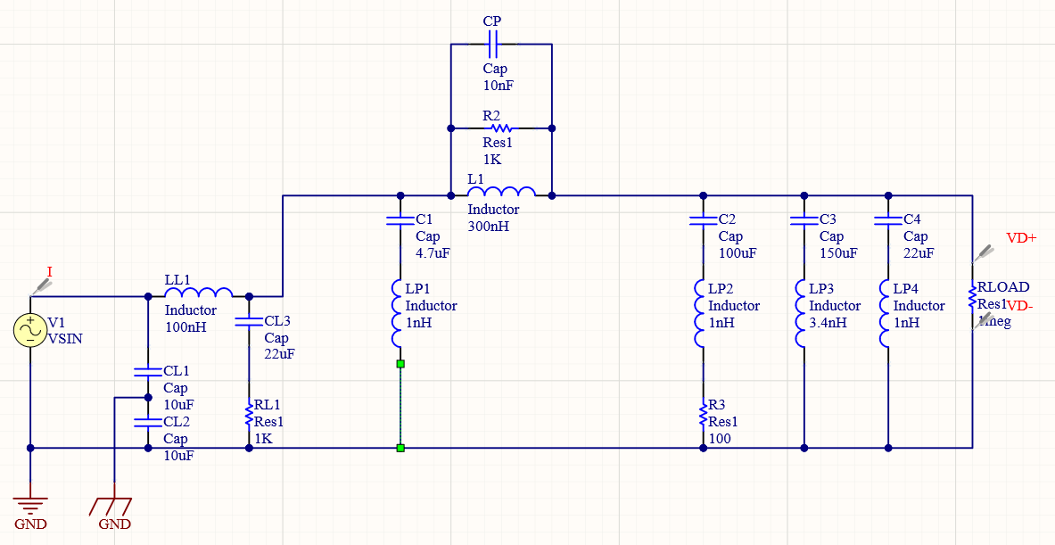 Schematico per la simulazione del filtro EMI (Interferenza ElettroMagnetica).